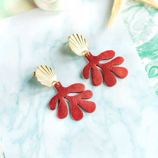 Boucles d'oreilles Corail - cuir rouge métallisé
