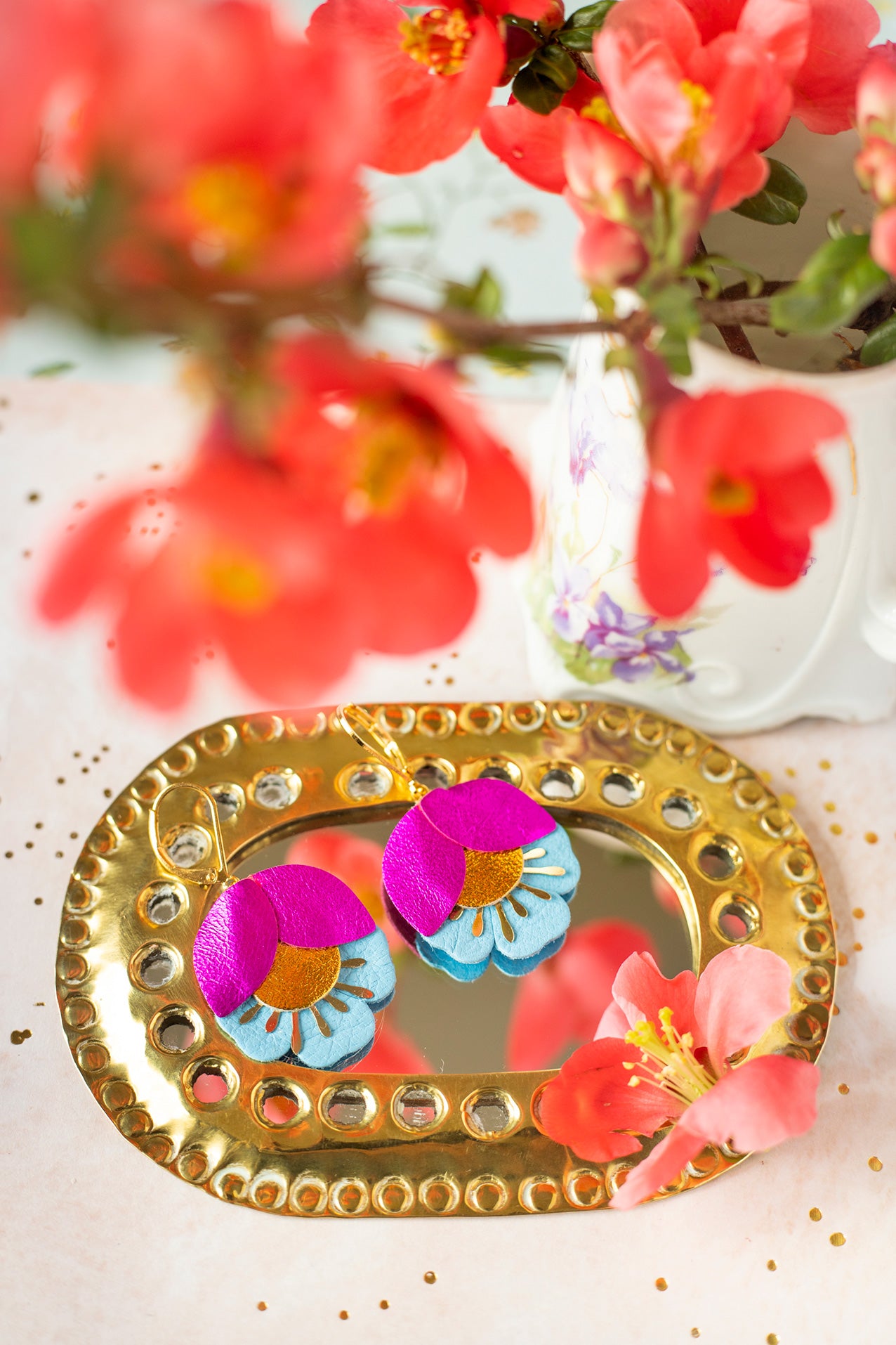 Fuchsia, gold, sky blue Cherry Blossom earrings