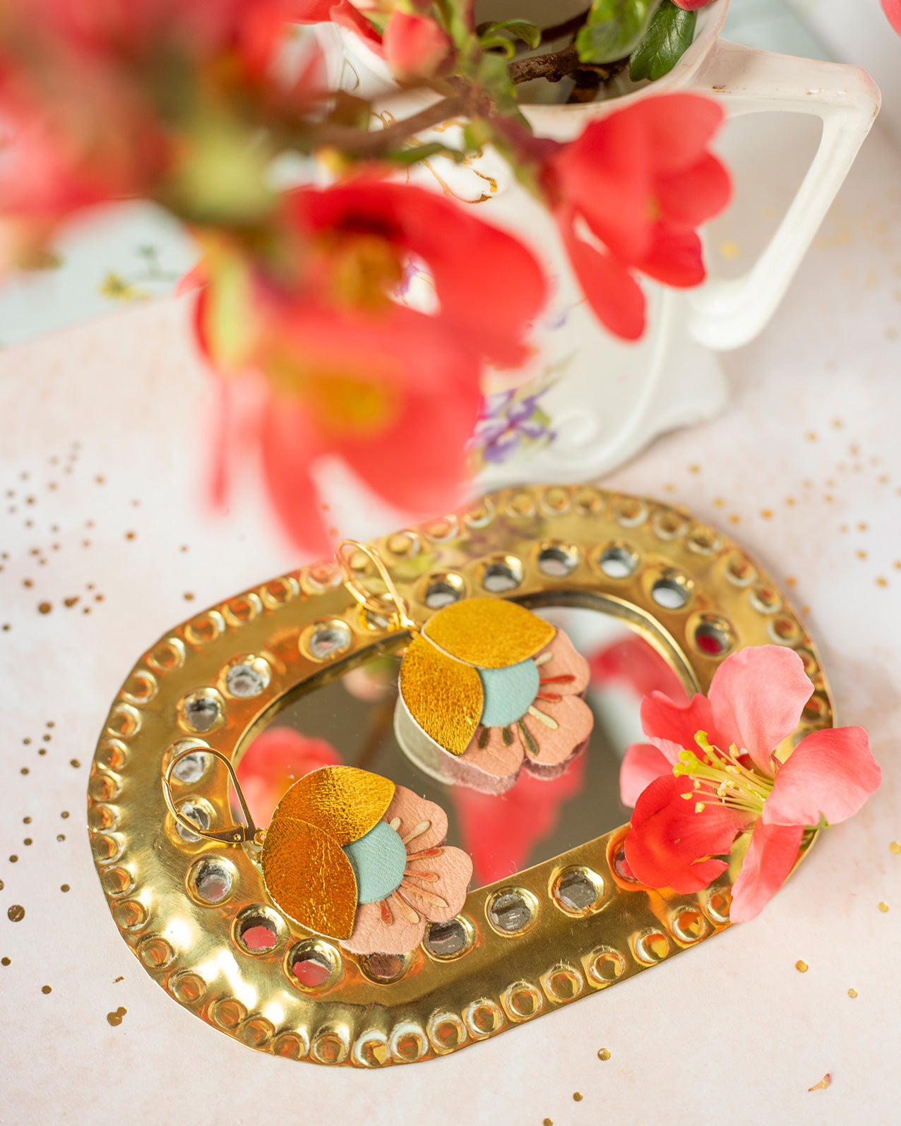 Cherry Blossom earrings in gold, almond green, light pink