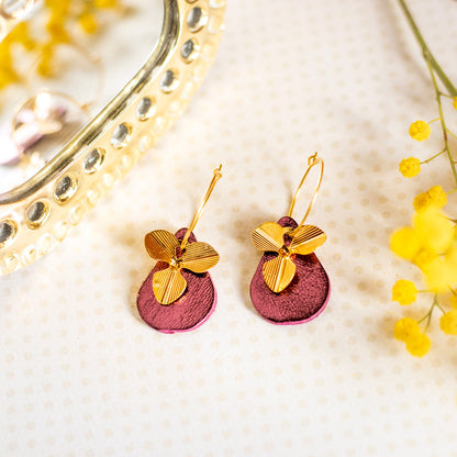 Boucles d'oreilles créoles Cathy cuir violine métallisé