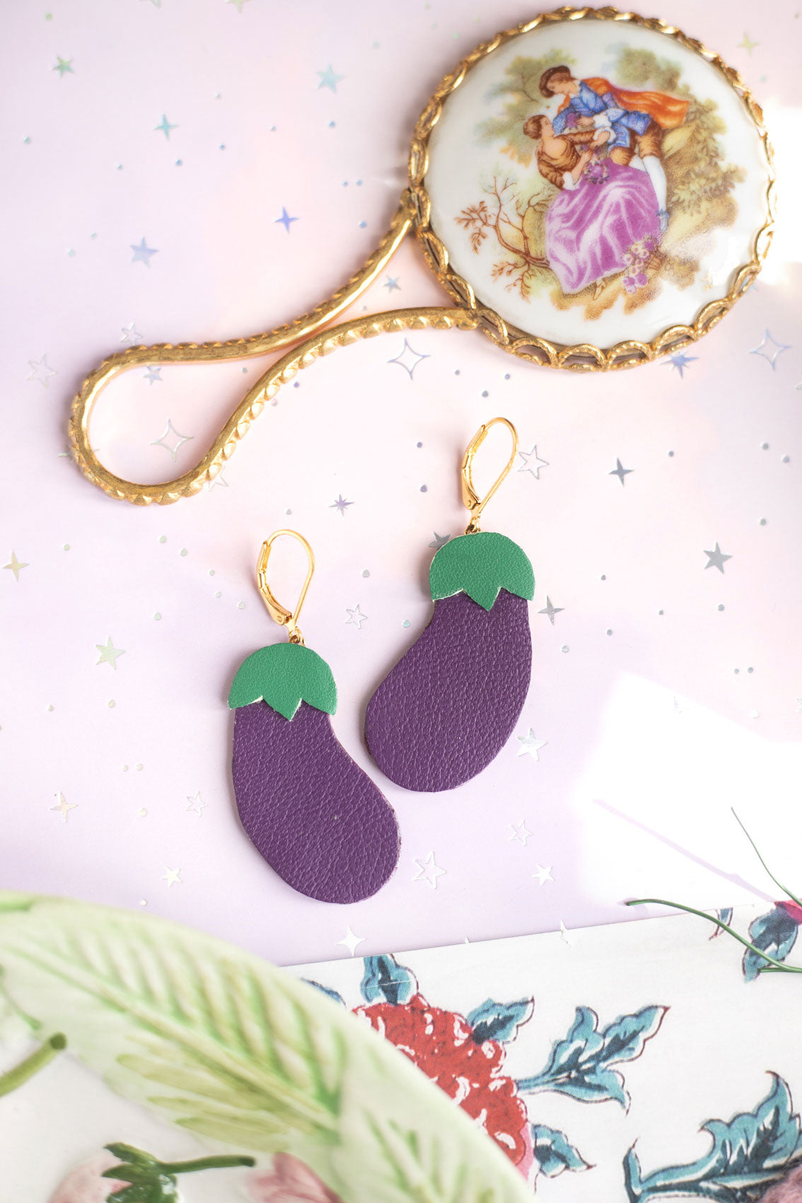 Boucles d'oreilles Aubergines cuir violet