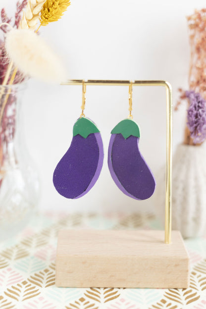 Boucles d'oreilles Aubergines cuir violet et mauve