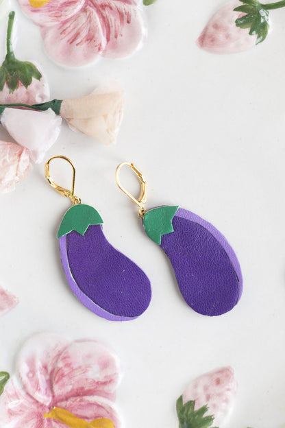 Boucles d'oreilles Aubergines cuir violet et mauve