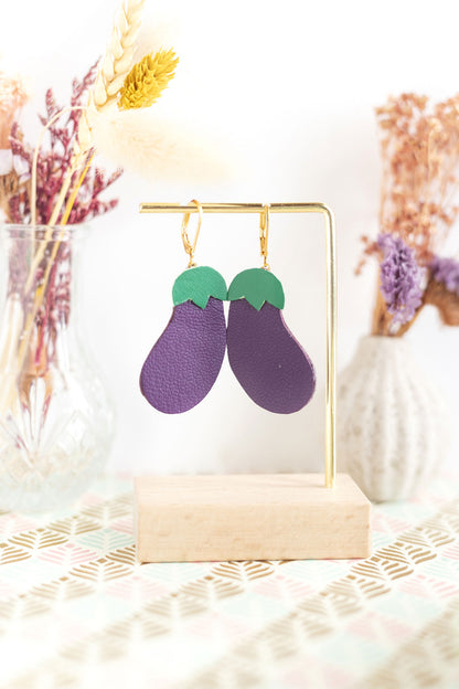 Boucles d'oreilles Aubergines cuir violet