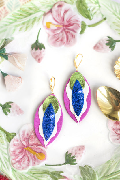 Boucles d'oreilles Vulves cuir bleu vert blanc fuchsia