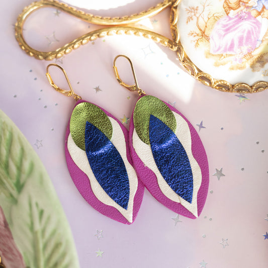 Boucles d'oreilles Vulves cuir bleu vert blanc fuchsia