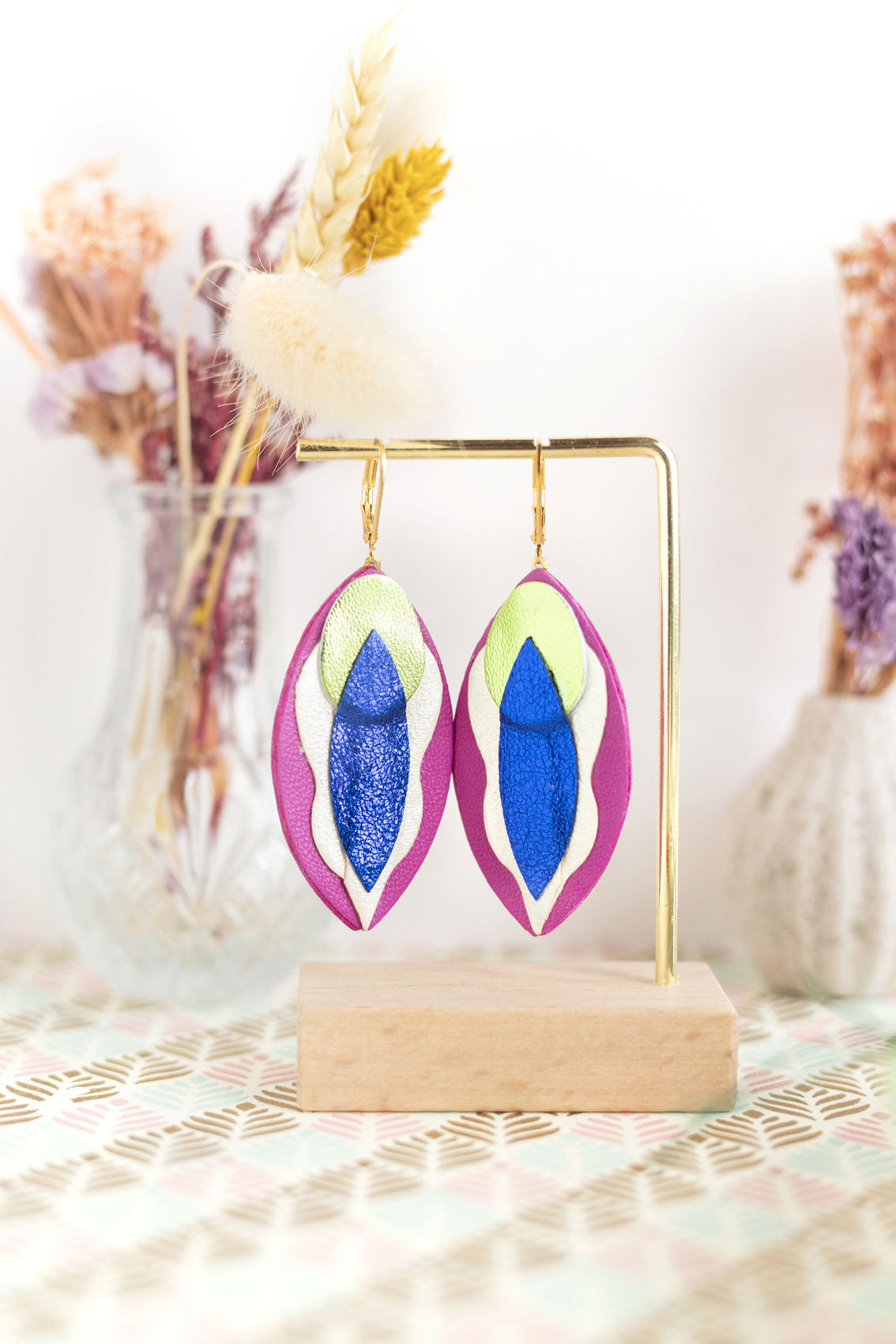 Boucles d'oreilles Vulves cuir bleu vert blanc fuchsia