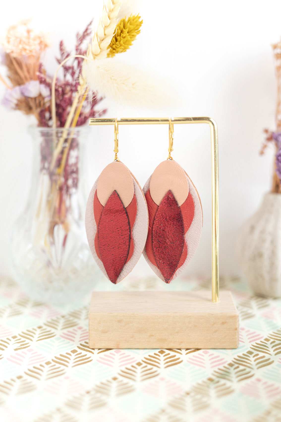 Boucles d'oreilles Vulves cuir rouge et rose chair