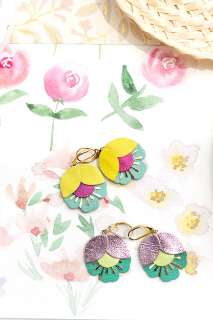 Cherry Blossom earrings in gold, almond green, light pink