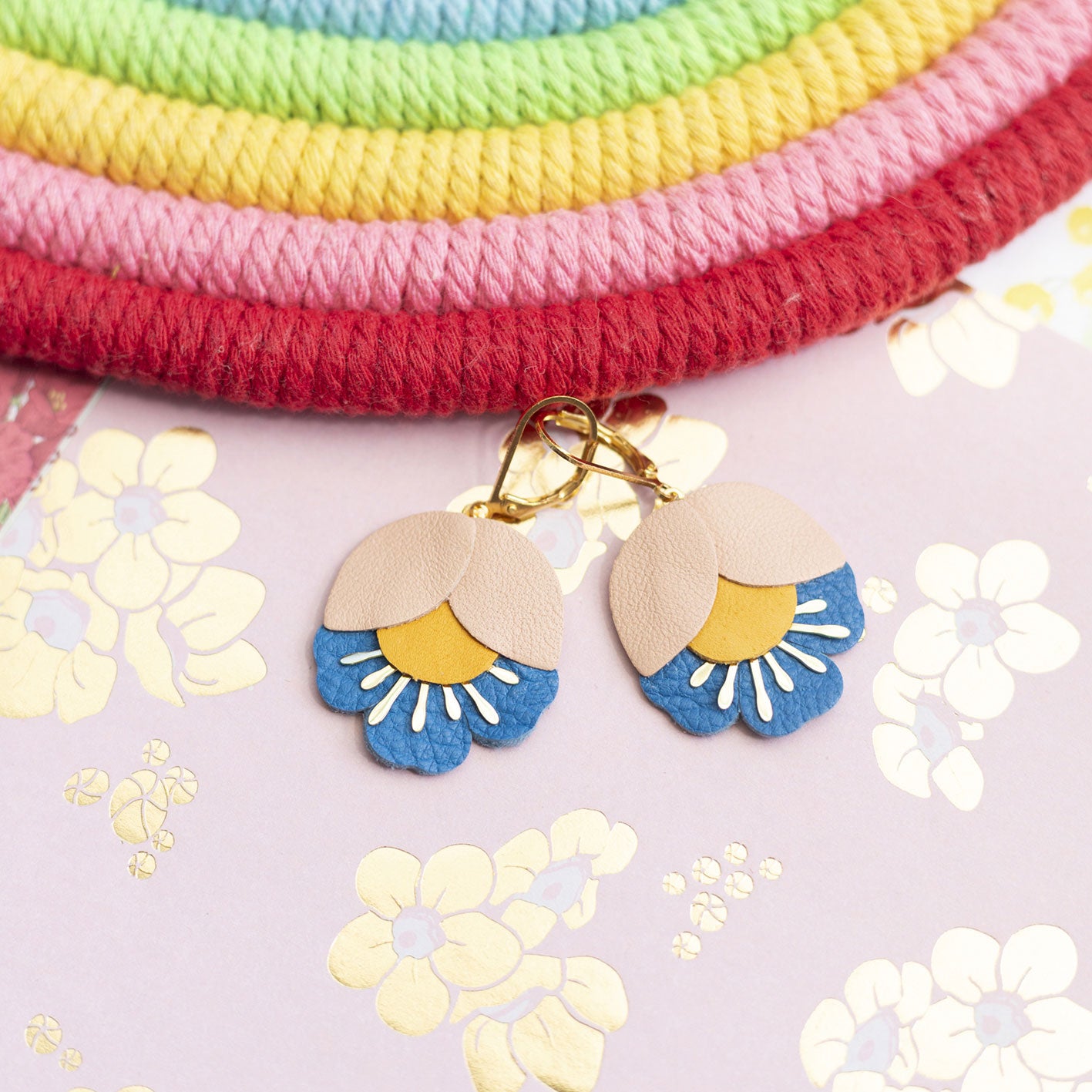 Cherry blossom earrings leather pink yellow blue
