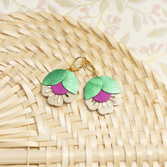 Cherry Blossom earrings in gold, almond green, light pink