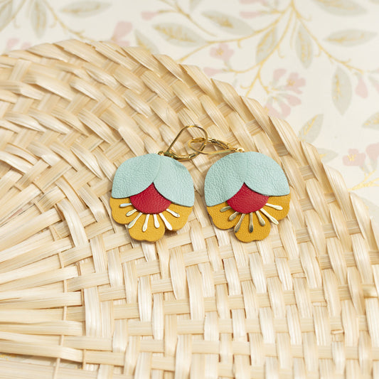 Mint green, red and ocher yellow cherry blossom earrings