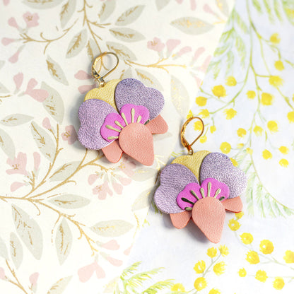 Boucles d'oreilles Orchidées - capucine, rose bonbon, jaune nacré