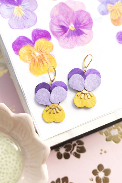 Pensées earrings - mauve purple, yellow, gold