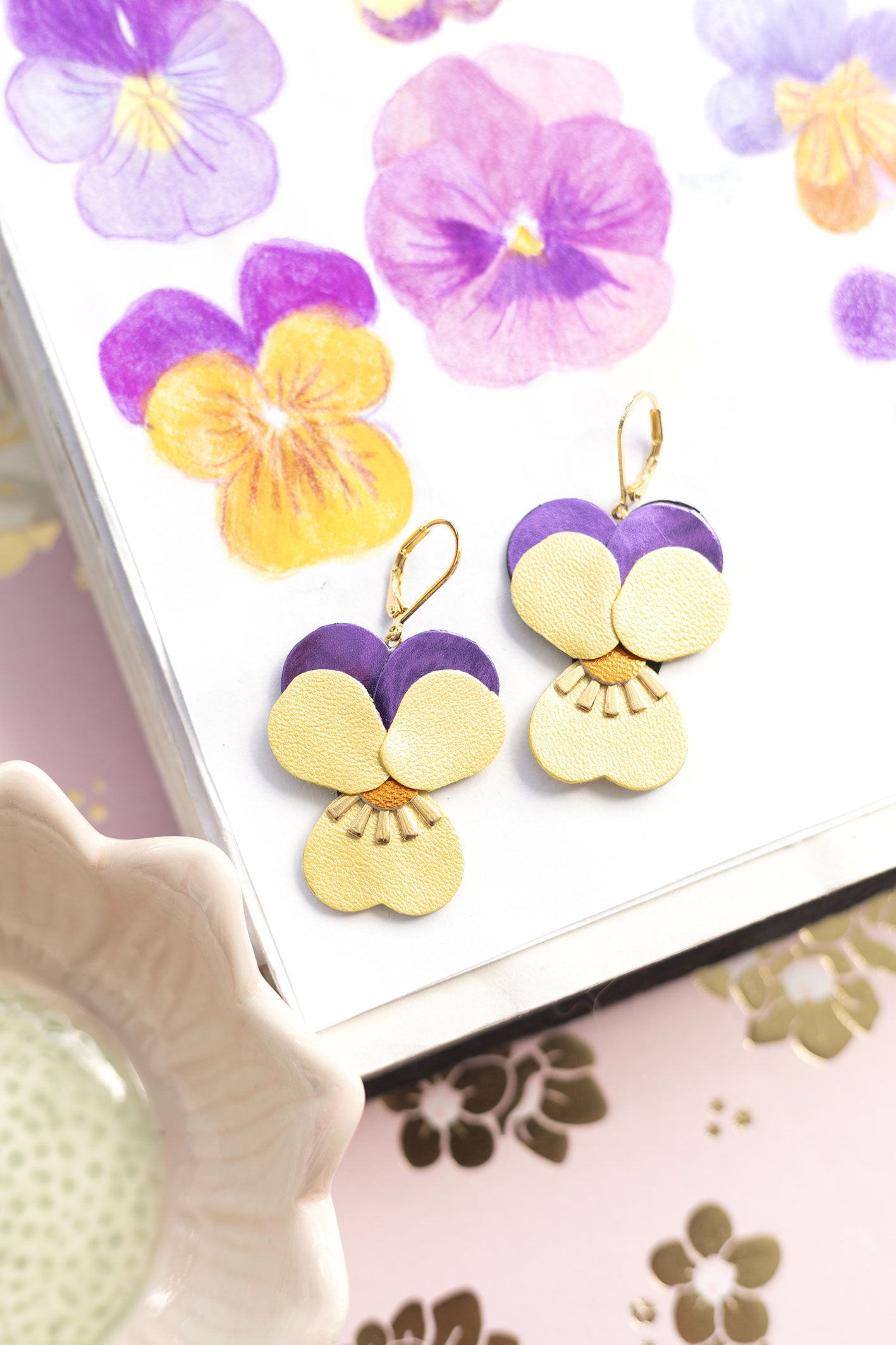 Boucles d’oreilles Pensées - violet orange et jaune