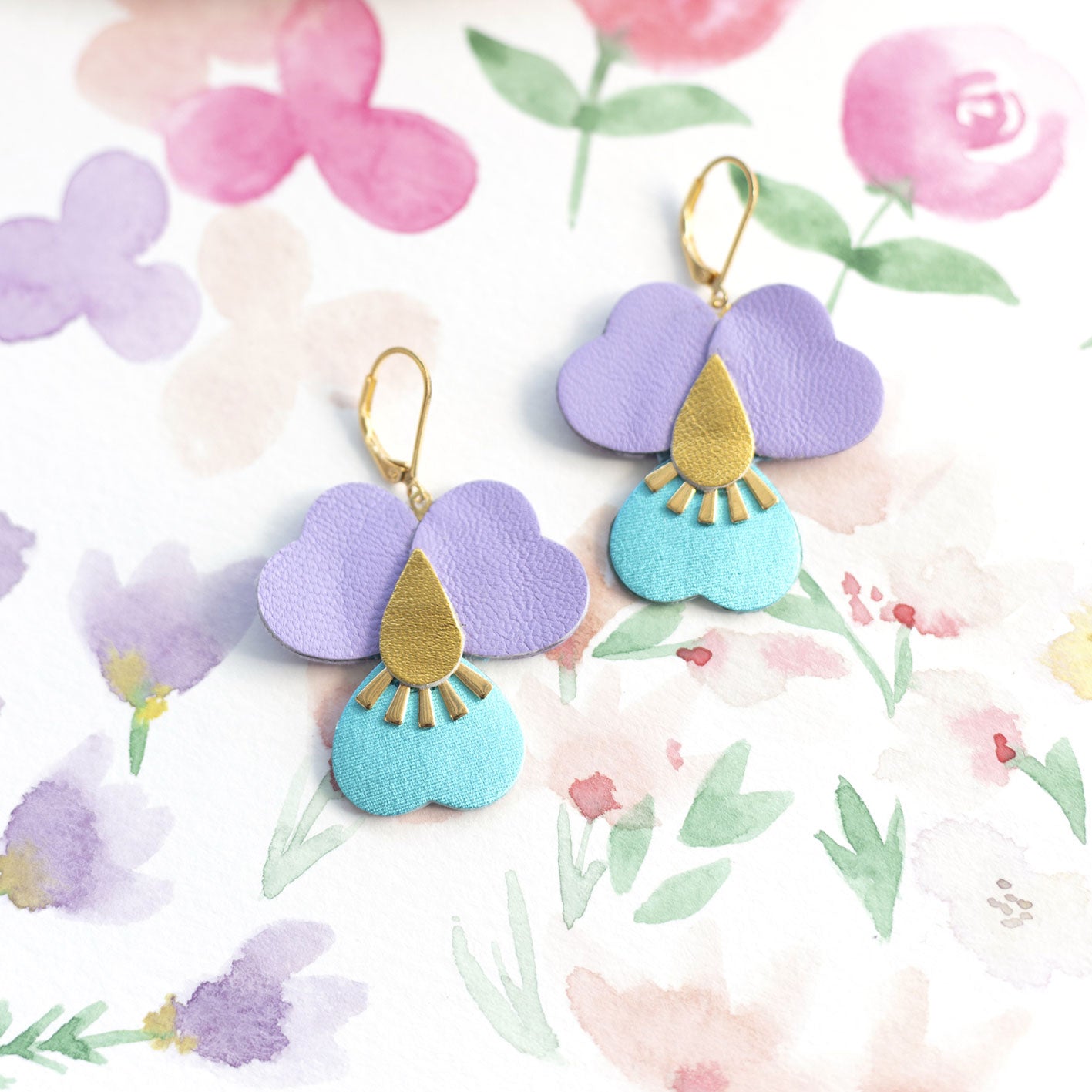 Boucles d’oreilles Pensées géantes Cuir mauve et turquoise métallisé