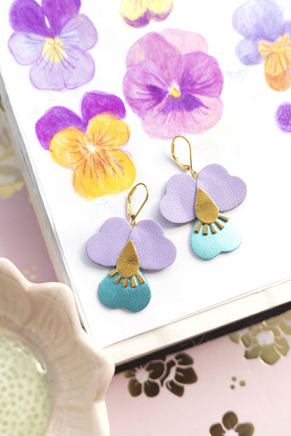 Boucles d’oreilles Pensées géantes Cuir mauve et turquoise métallisé