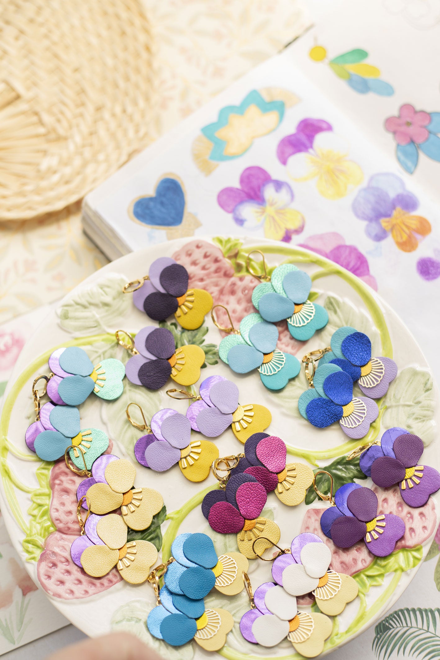 Pansies earrings - mauve purple and yellow