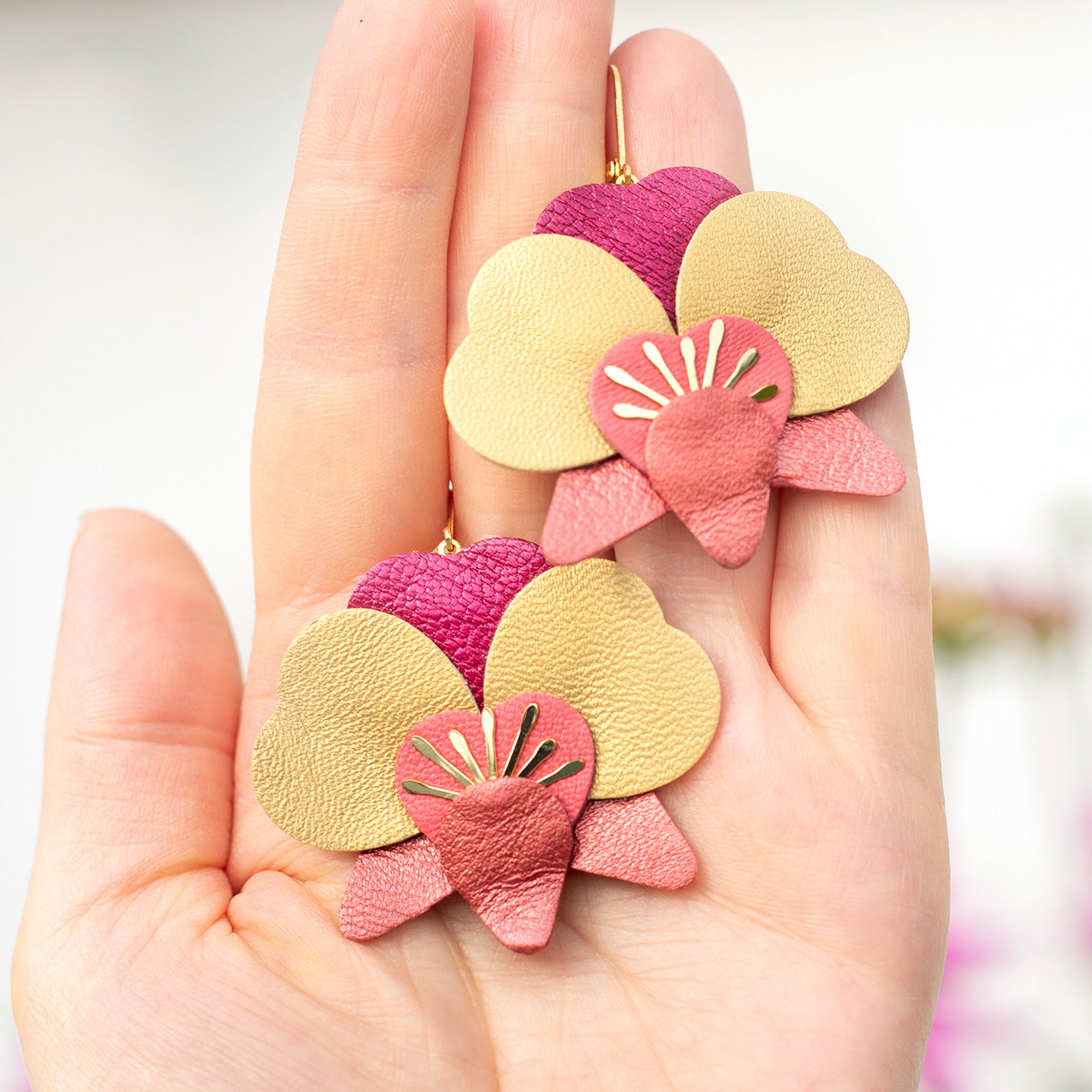 Orchid earrings - copper, pink, matte gold, raspberry