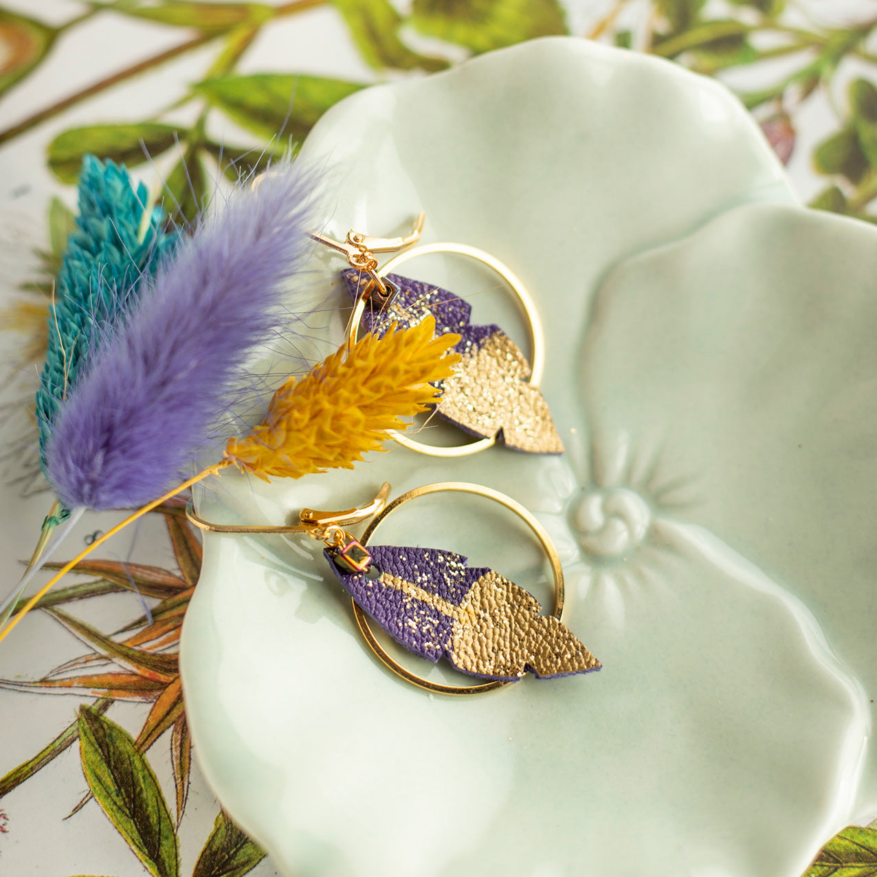 Amethyst purple leather feather hoop earrings