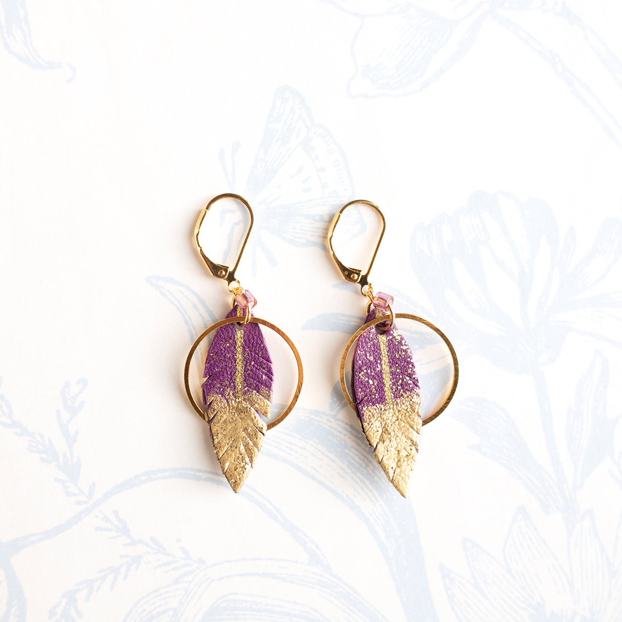 Purple leather feather hoop earrings