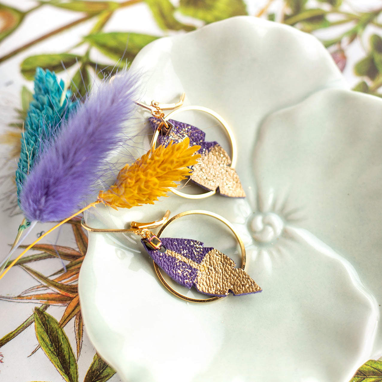 Amethyst purple leather feather hoop earrings