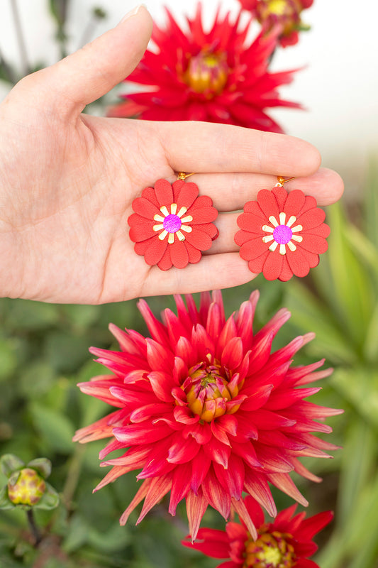 Zinnia flower earrings - bright red leather and metallic fuchsia