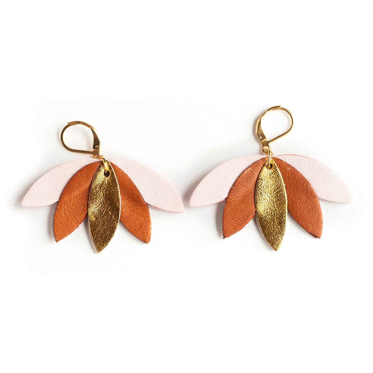 Palm tree earrings gold brown pink leather