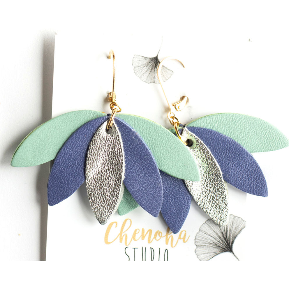 Palm tree earrings in coral cyan blue gold leather