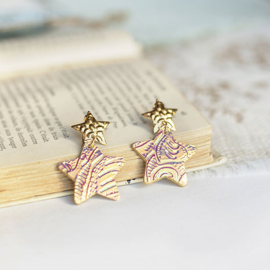 Boucles d'oreilles Etoiles - cuir holographique jaune