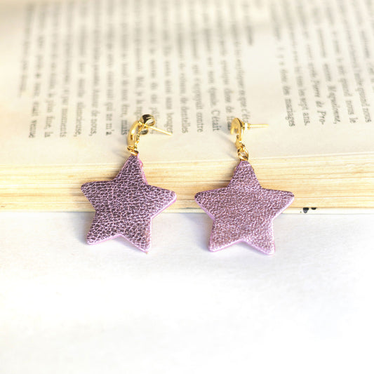 Boucles d'oreilles Etoiles - cuir rose métallisé - multicolores- argent holographique
