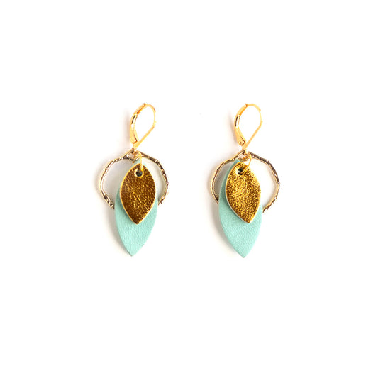 Creole earrings in azure blue and gold leather