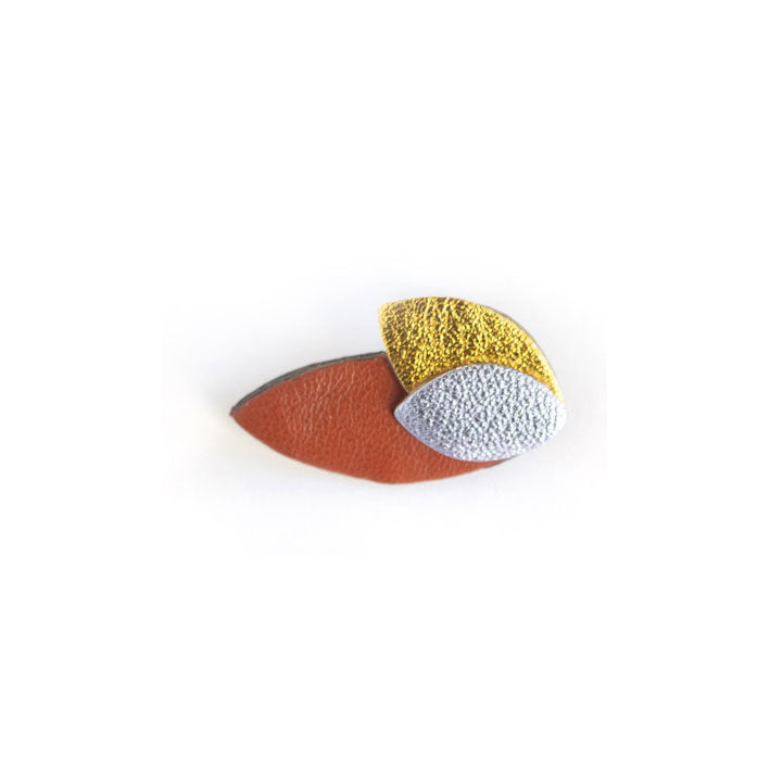 Broche Feuilles en cuir doré, bronze, marron