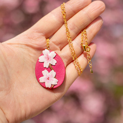 Pendentif Sakura ovale Rose fuchsia