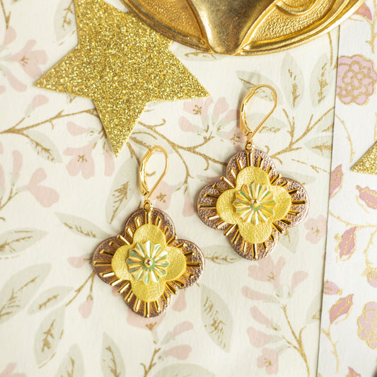 Boucles d'oreilles Aurore - Cuir recyclé or rose et jaune - Bijou baroque fait main