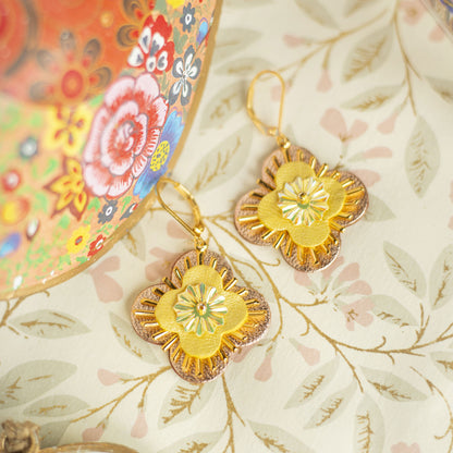 Boucles d'oreilles Aurore - Cuir recyclé or rose et jaune - Bijou baroque fait main