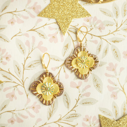 Boucles d'oreilles Aurore - Cuir recyclé or rose et jaune - Bijou baroque fait main