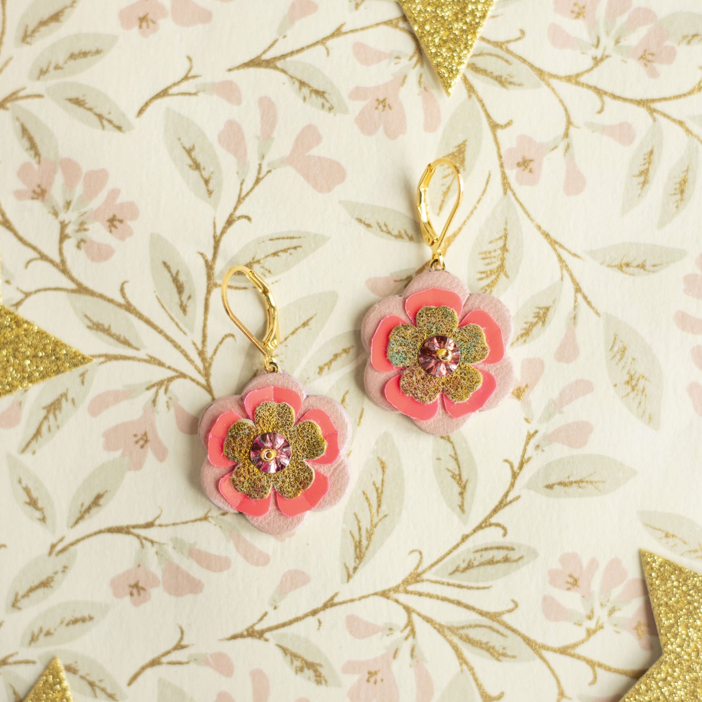 Boucles d'oreilles Louise - cuir recyclé rose et jaune - bijou baroque