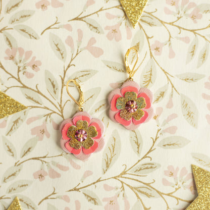 Boucles d'oreilles Louise - cuir recyclé rose et jaune - bijou baroque