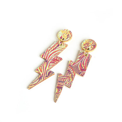 Boucles d'oreilles puces éclairs en cuir jaune rose holographique