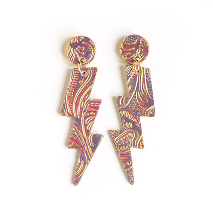 Boucles d'oreilles puces éclairs en cuir jaune rose holographique