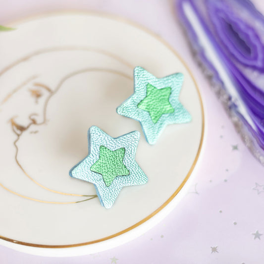 Boucles d'oreilles puces Étoiles - cuir bleu et vert