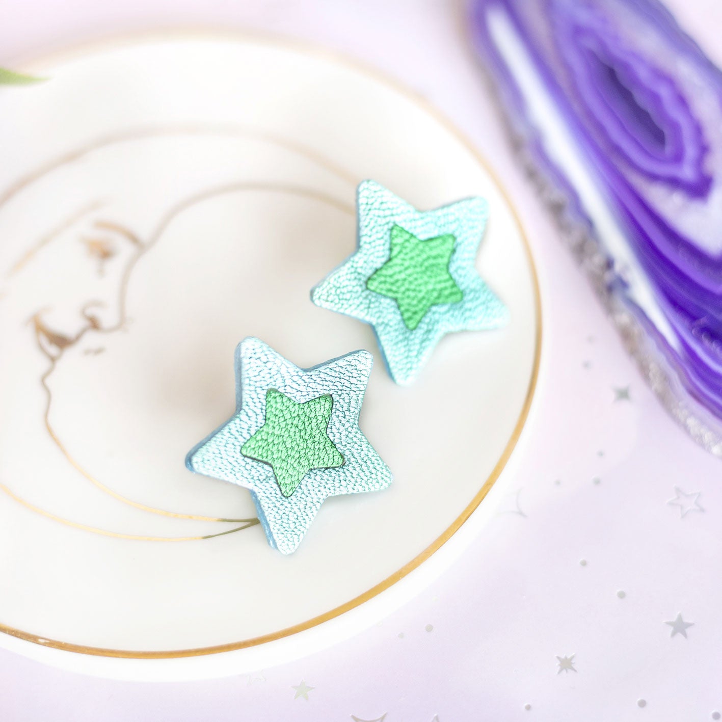 Boucles d'oreilles puces Étoiles - cuir bleu et vert