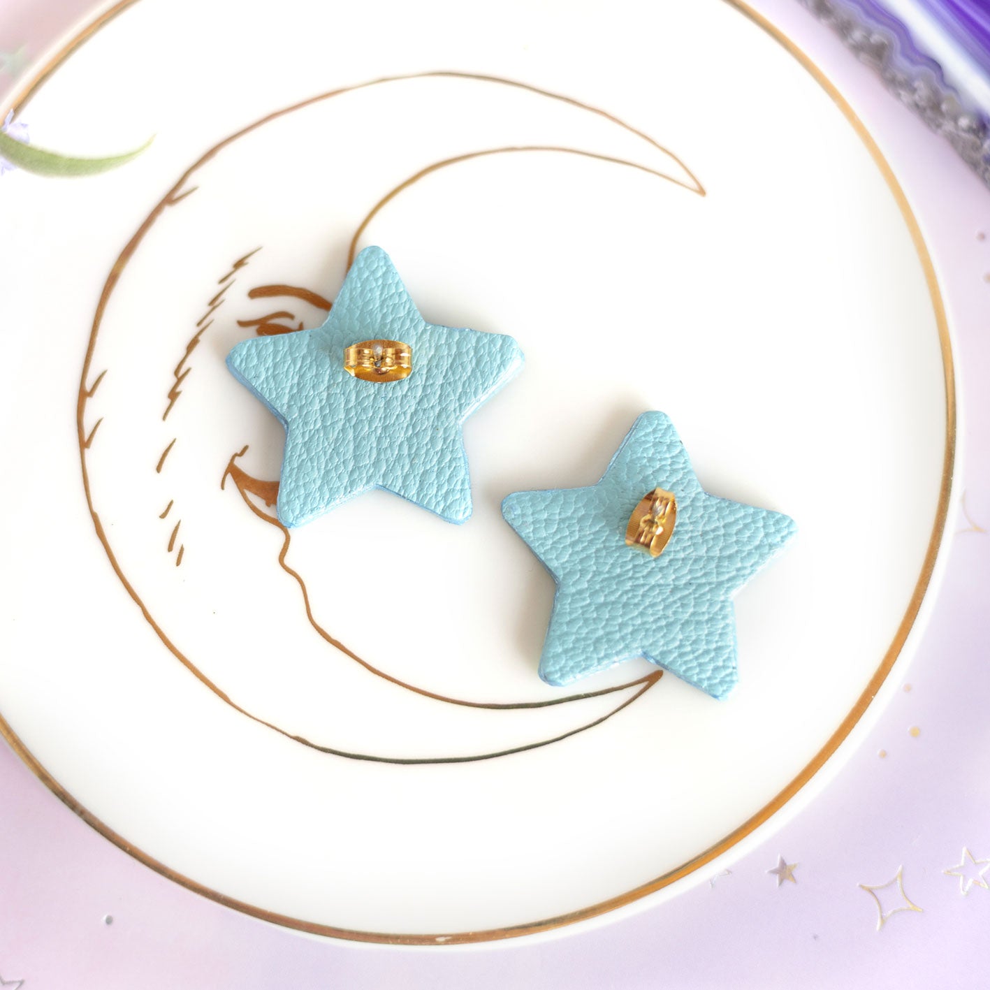 Boucles d'oreilles puces Étoiles - cuir bleu et vert
