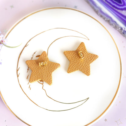 Boucles d'oreilles puces Étoiles - cuir doré et bleu