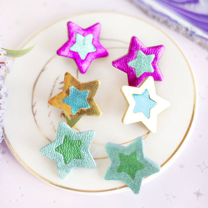 Boucles d'oreilles puces Étoiles - cuir bleu et vert