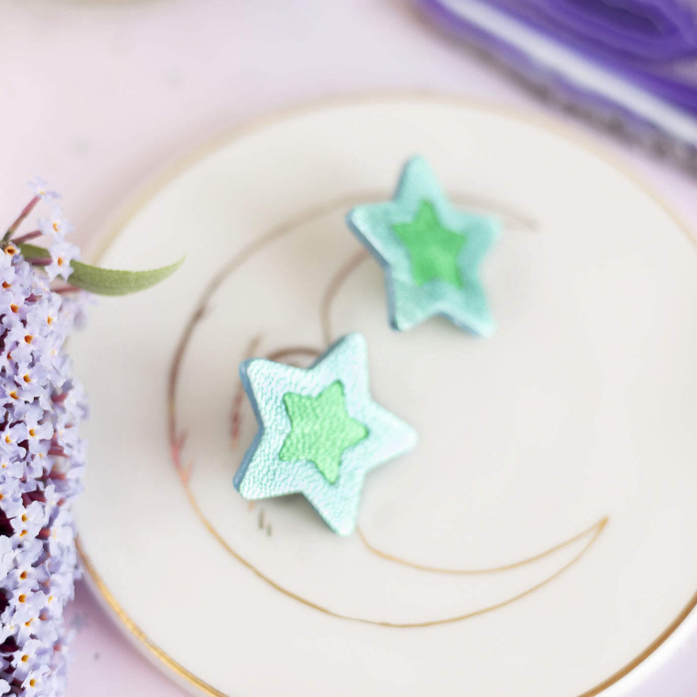 Boucles d'oreilles puces Étoiles - cuir bleu et vert
