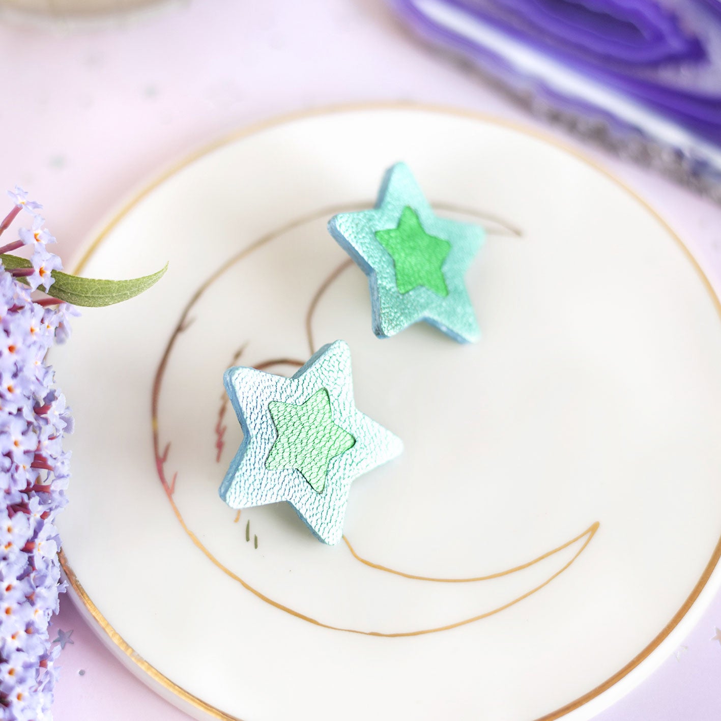 Boucles d'oreilles puces Étoiles - cuir bleu et vert