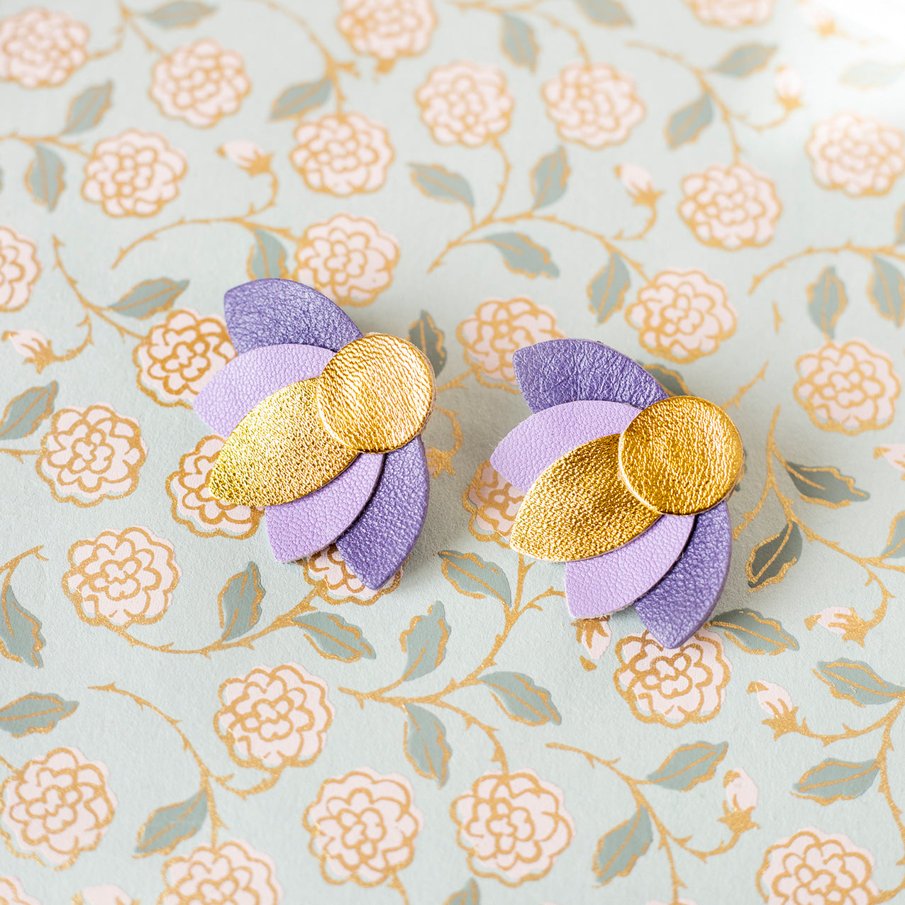 Large Lotus Flower stud earrings - gold, purple and amethyst purple