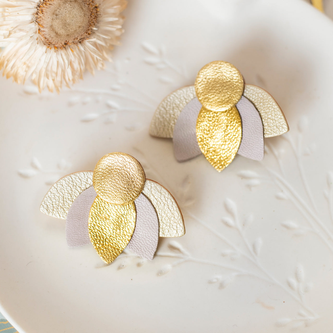 Large Lotus Flower stud earrings - gold, light gray, matte gold